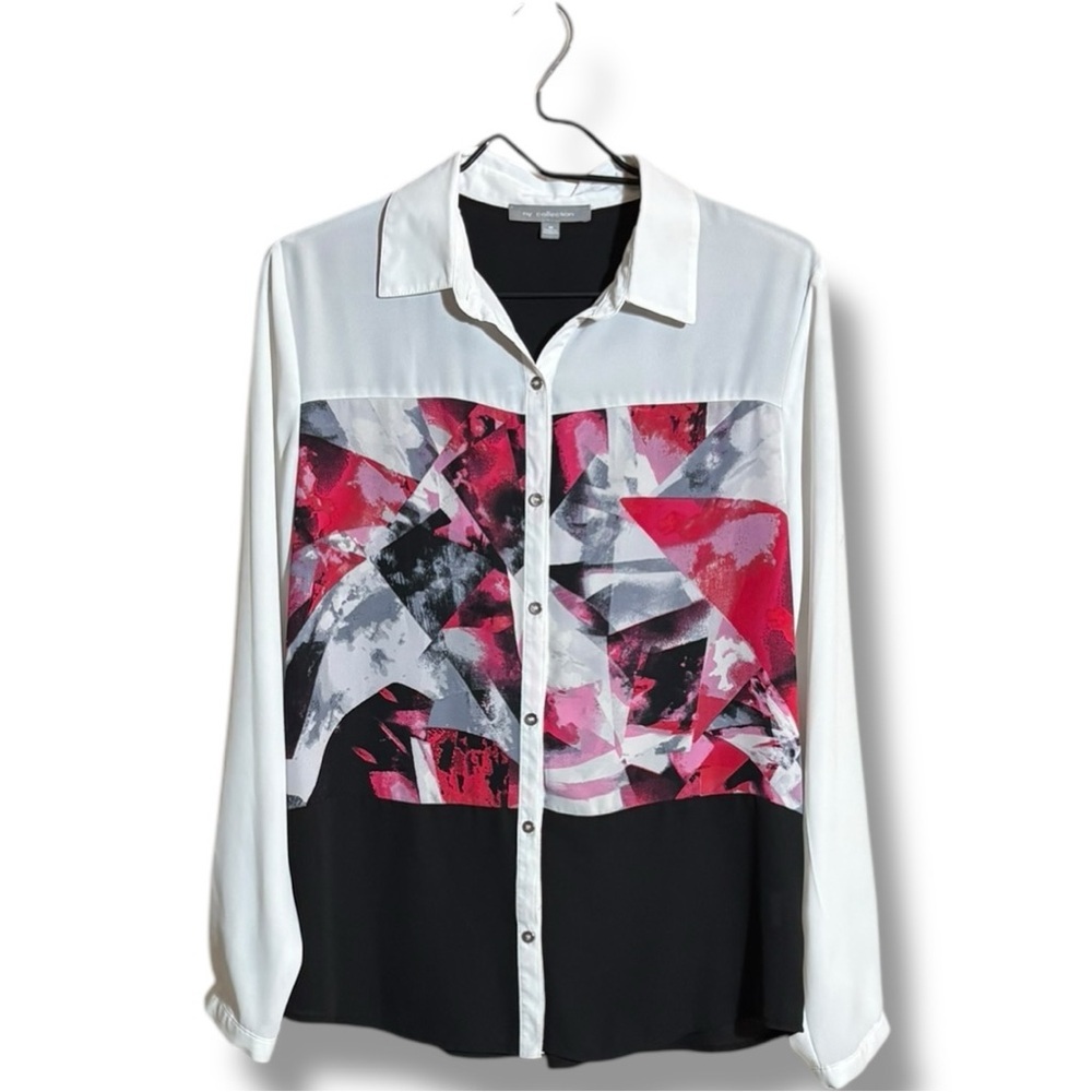 NY Collection Red, White and Black Color Block Pattern Casual Button Down Shirt